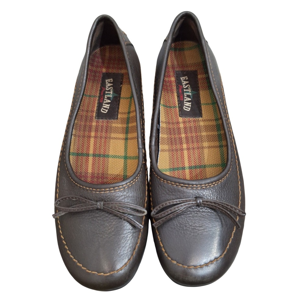 Eastland Womens Brown Leather Ballet Flats Bow Plaid Lining 3094-02 Size 7.5 M